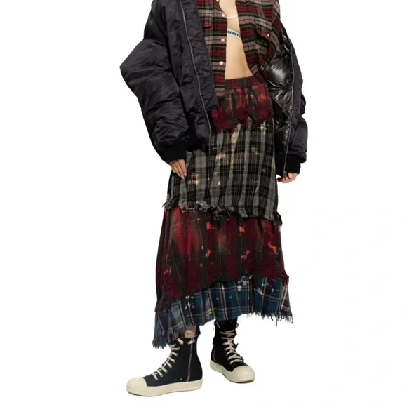 R13 Pieced Gathered Skirt in Red, Beige, & Blue Plaid - Small - Picture 2 of 14